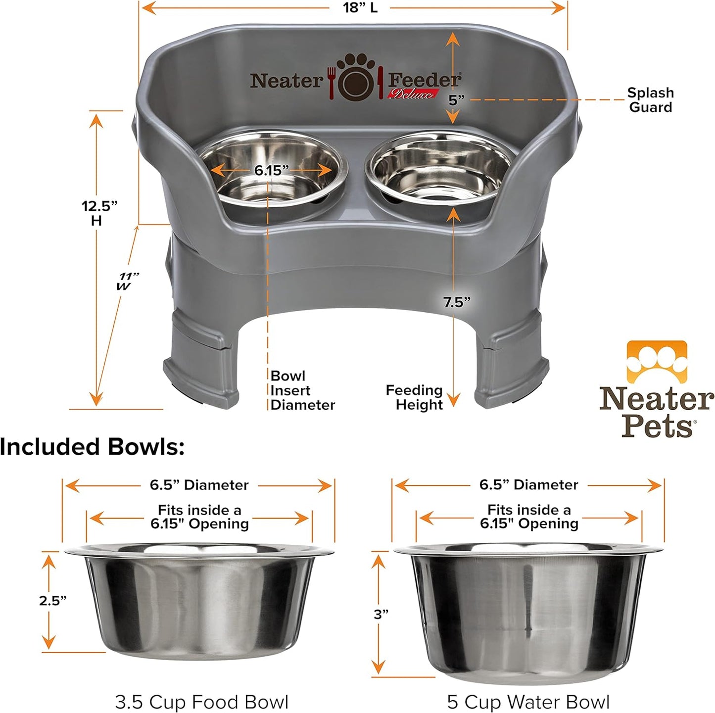 Neater Feeder Deluxe Mess-Proof Elevated Dog Bowls for Medium Dogs (19–40 Lbs), 2 Height Adjustable (10” & 12.5”) No-Spill Raised Dog Bowl Stand, Stainless Steel Food Bowl Set, Made in USA, Grey