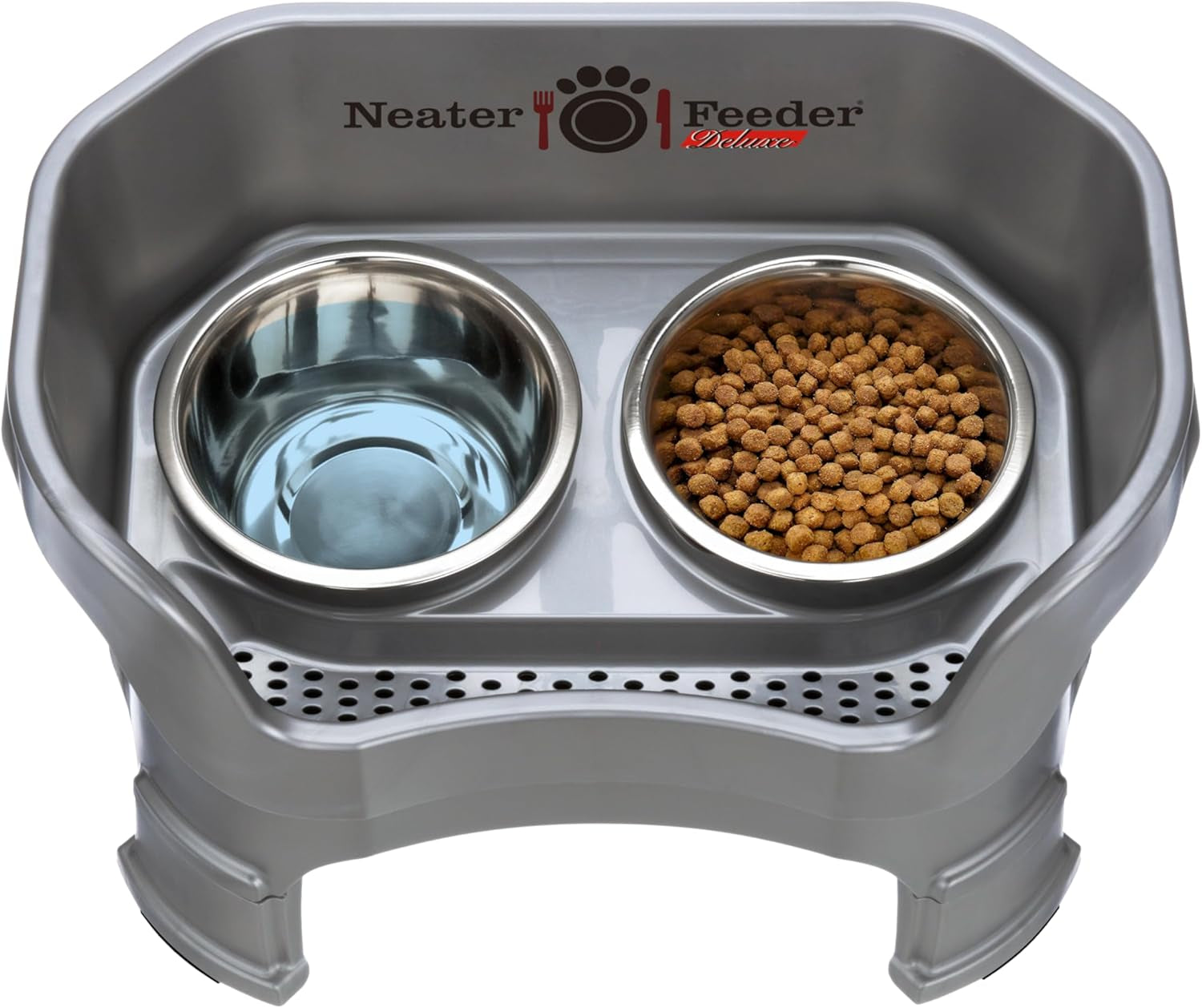 Neater Feeder Deluxe Mess-Proof Elevated Dog Bowls for Medium Dogs (19–40 Lbs), 2 Height Adjustable (10” & 12.5”) No-Spill Raised Dog Bowl Stand, Stainless Steel Food Bowl Set, Made in USA, Grey