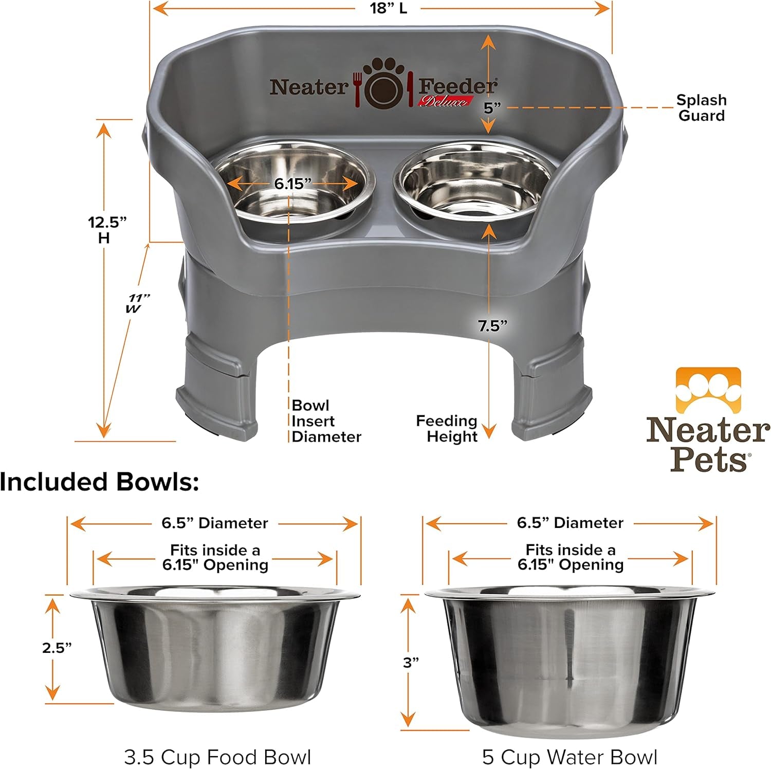 Neater Feeder Deluxe Mess-Proof Elevated Dog Bowls for Medium Dogs (19–40 Lbs), 2 Height Adjustable (10” & 12.5”) No-Spill Raised Dog Bowl Stand, Stainless Steel Food Bowl Set, Made in USA, Grey