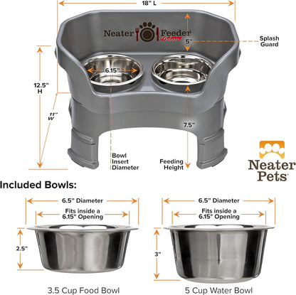 Neater Feeder Deluxe Mess-Proof Elevated Dog Bowls for Medium Dogs (19–40 Lbs), 2 Height Adjustable (10” & 12.5”) No-Spill Raised Dog Bowl Stand, Stainless Steel Food Bowl Set, Made in USA, Grey