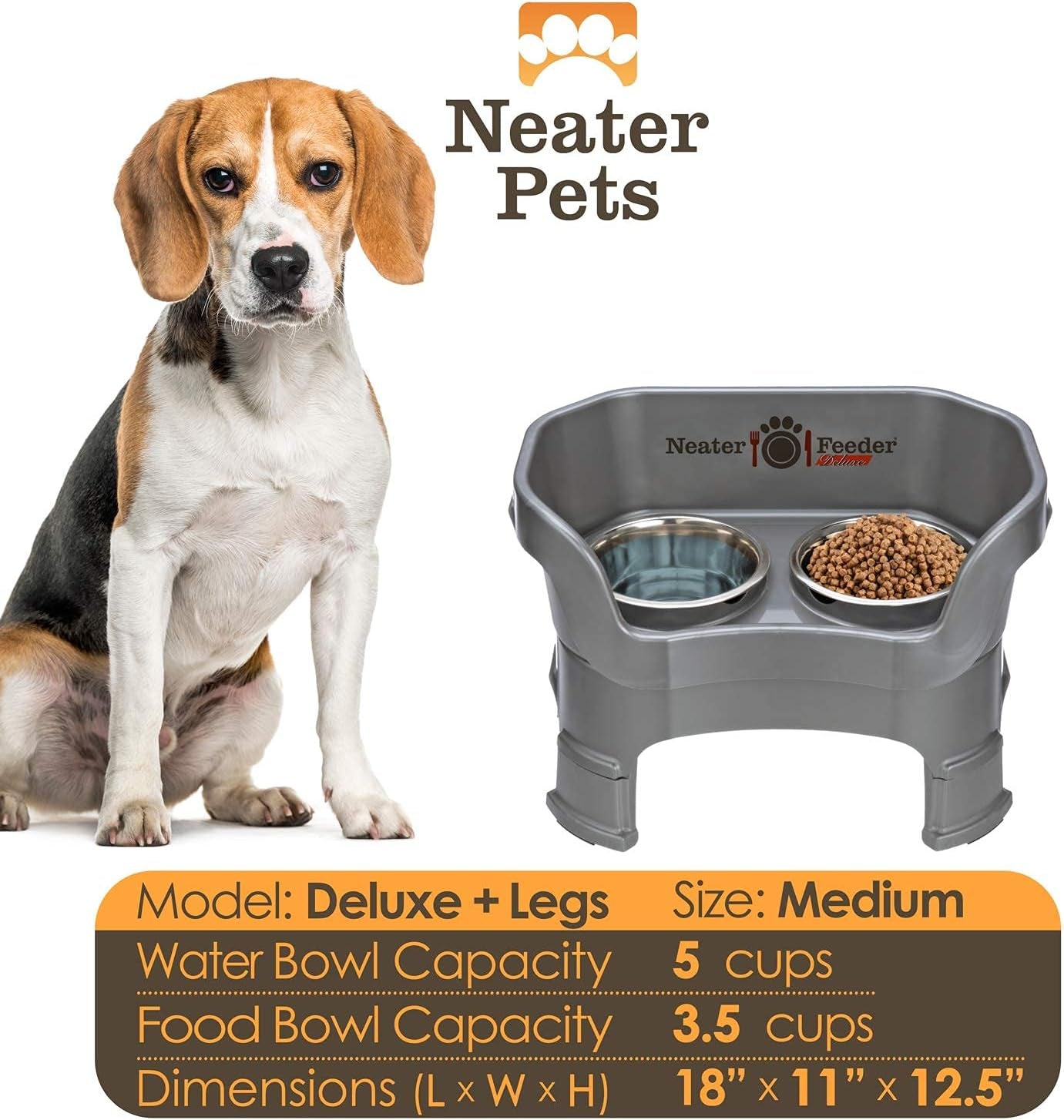 Neater Feeder Deluxe Mess-Proof Elevated Dog Bowls for Medium Dogs (19–40 Lbs), 2 Height Adjustable (10” & 12.5”) No-Spill Raised Dog Bowl Stand, Stainless Steel Food Bowl Set, Made in USA, Grey