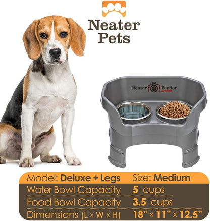 Neater Feeder Deluxe Mess-Proof Elevated Dog Bowls for Medium Dogs (19–40 Lbs), 2 Height Adjustable (10” & 12.5”) No-Spill Raised Dog Bowl Stand, Stainless Steel Food Bowl Set, Made in USA, Grey