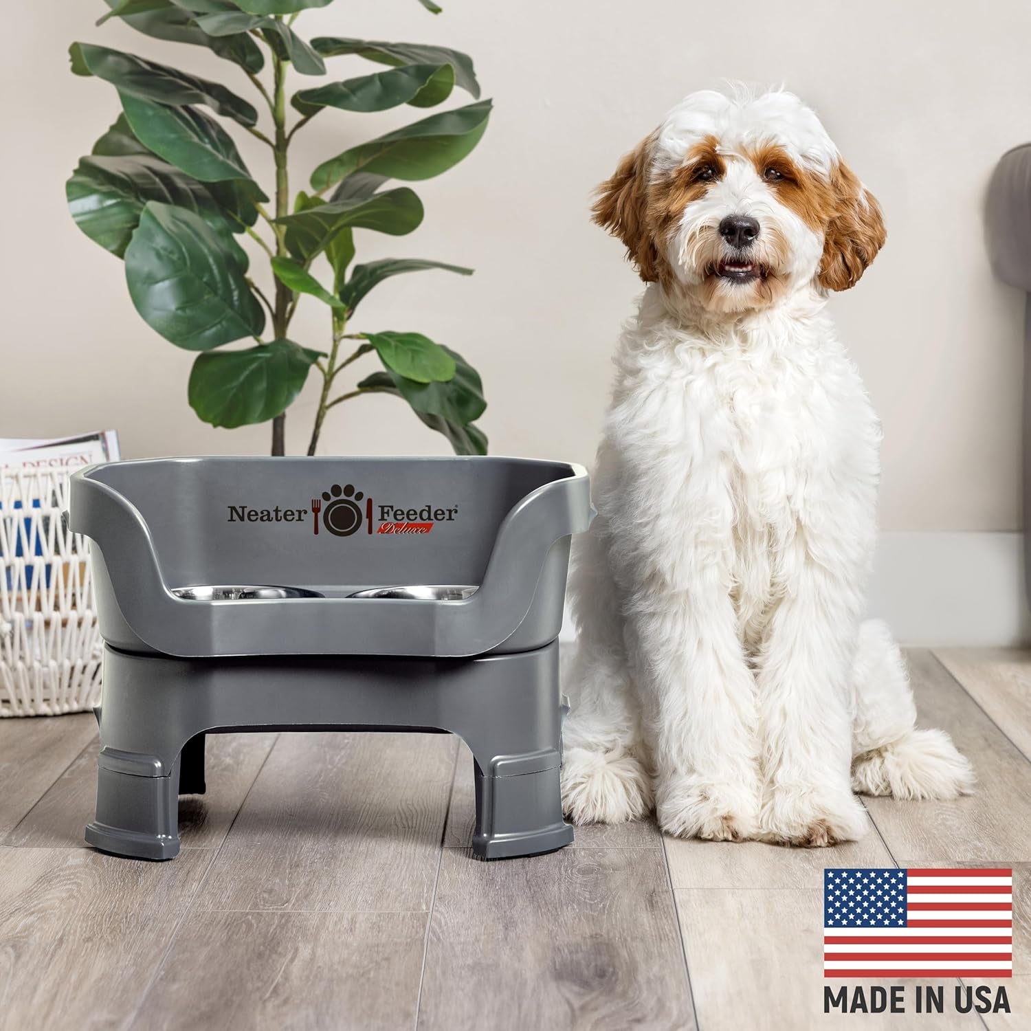 Neater Feeder Deluxe Mess-Proof Elevated Dog Bowls for Medium Dogs (19–40 Lbs), 2 Height Adjustable (10” & 12.5”) No-Spill Raised Dog Bowl Stand, Stainless Steel Food Bowl Set, Made in USA, Grey