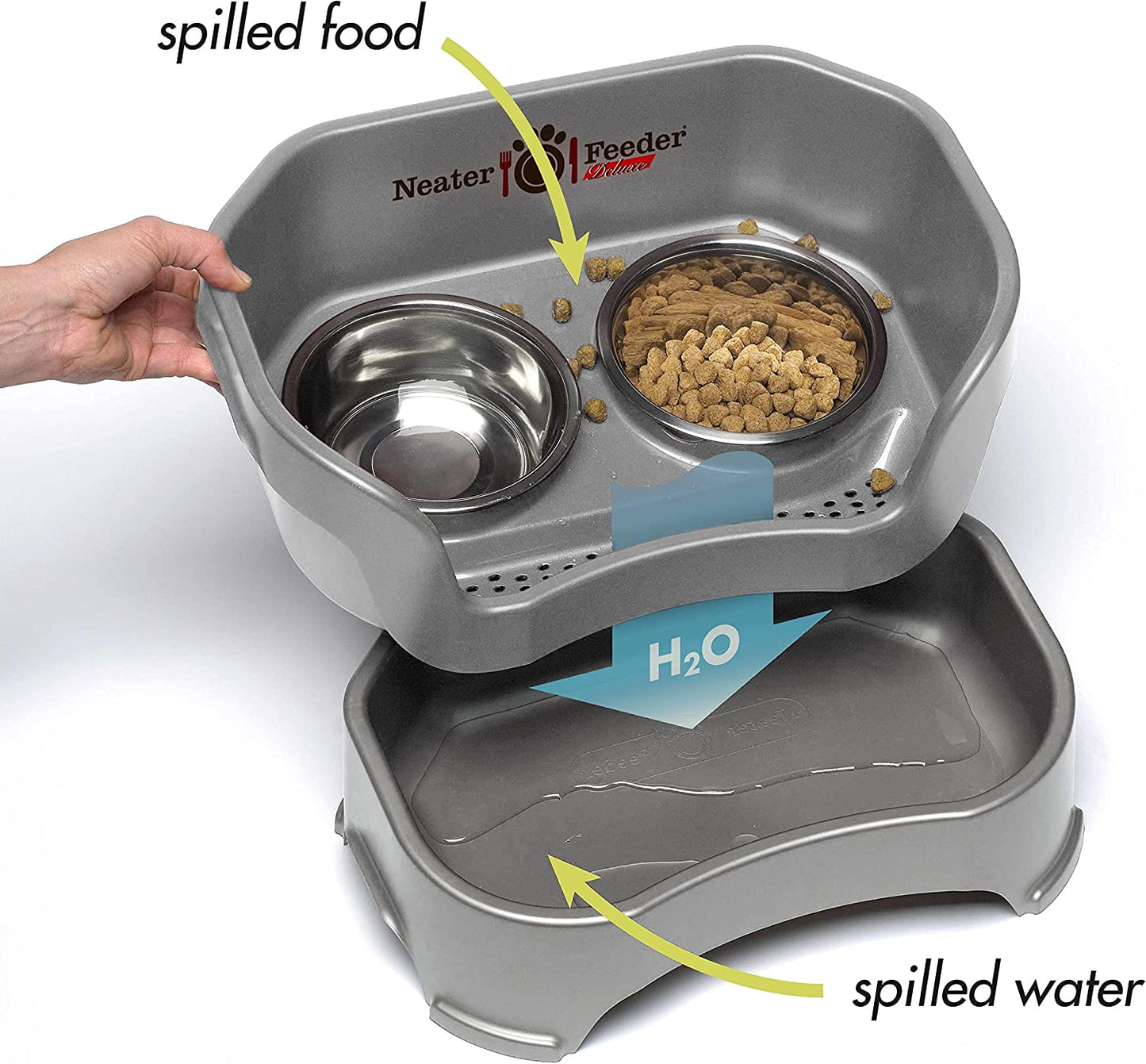 Neater Feeder Deluxe Mess-Proof Elevated Dog Bowls for Medium Dogs (19–40 Lbs), 2 Height Adjustable (10” & 12.5”) No-Spill Raised Dog Bowl Stand, Stainless Steel Food Bowl Set, Made in USA, Grey