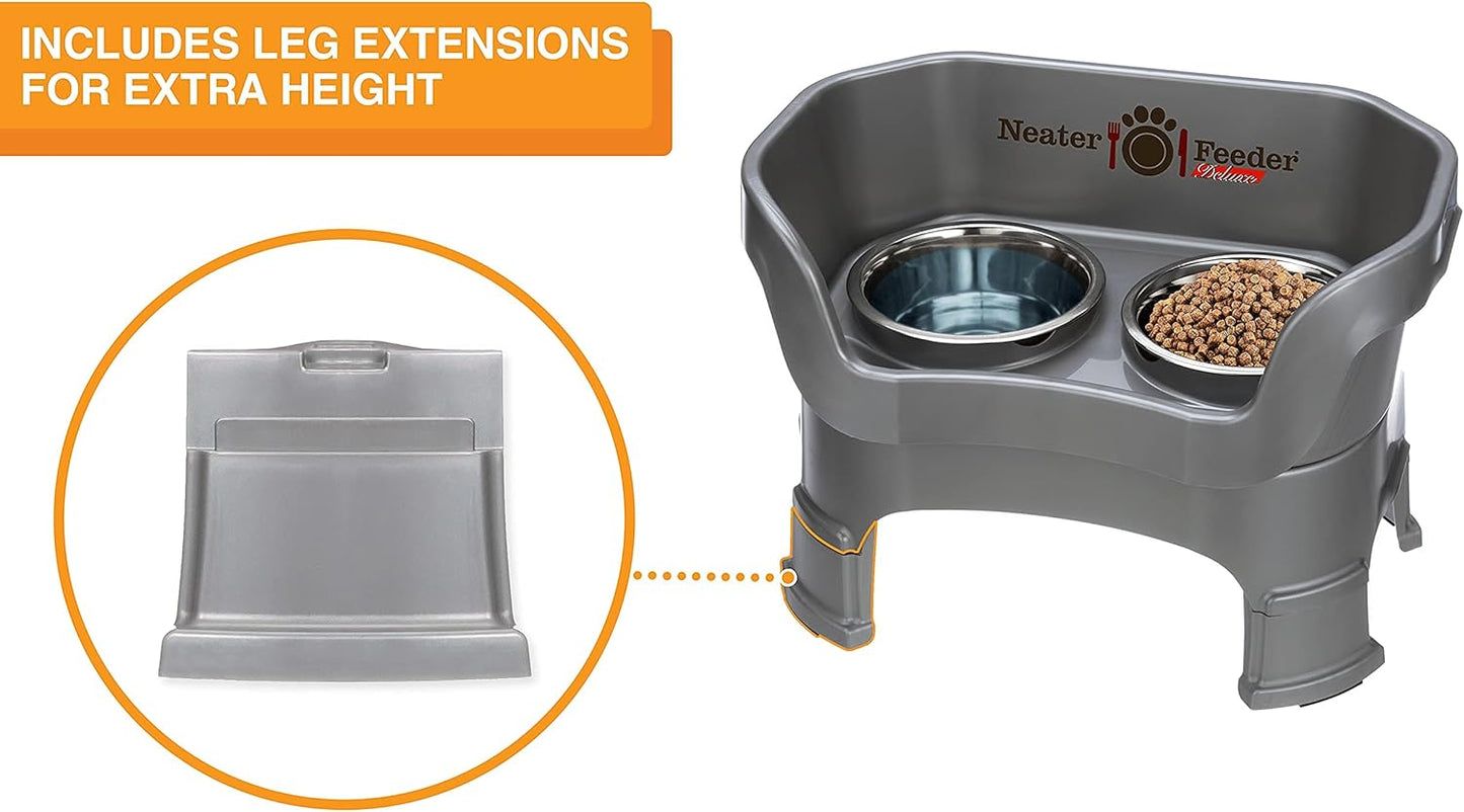 Neater Feeder Deluxe Mess-Proof Elevated Dog Bowls for Medium Dogs (19–40 Lbs), 2 Height Adjustable (10” & 12.5”) No-Spill Raised Dog Bowl Stand, Stainless Steel Food Bowl Set, Made in USA, Grey